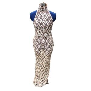 Alglist Nude Crystal Embellished Long Gown Luxe High Neck Backless Evening Dress